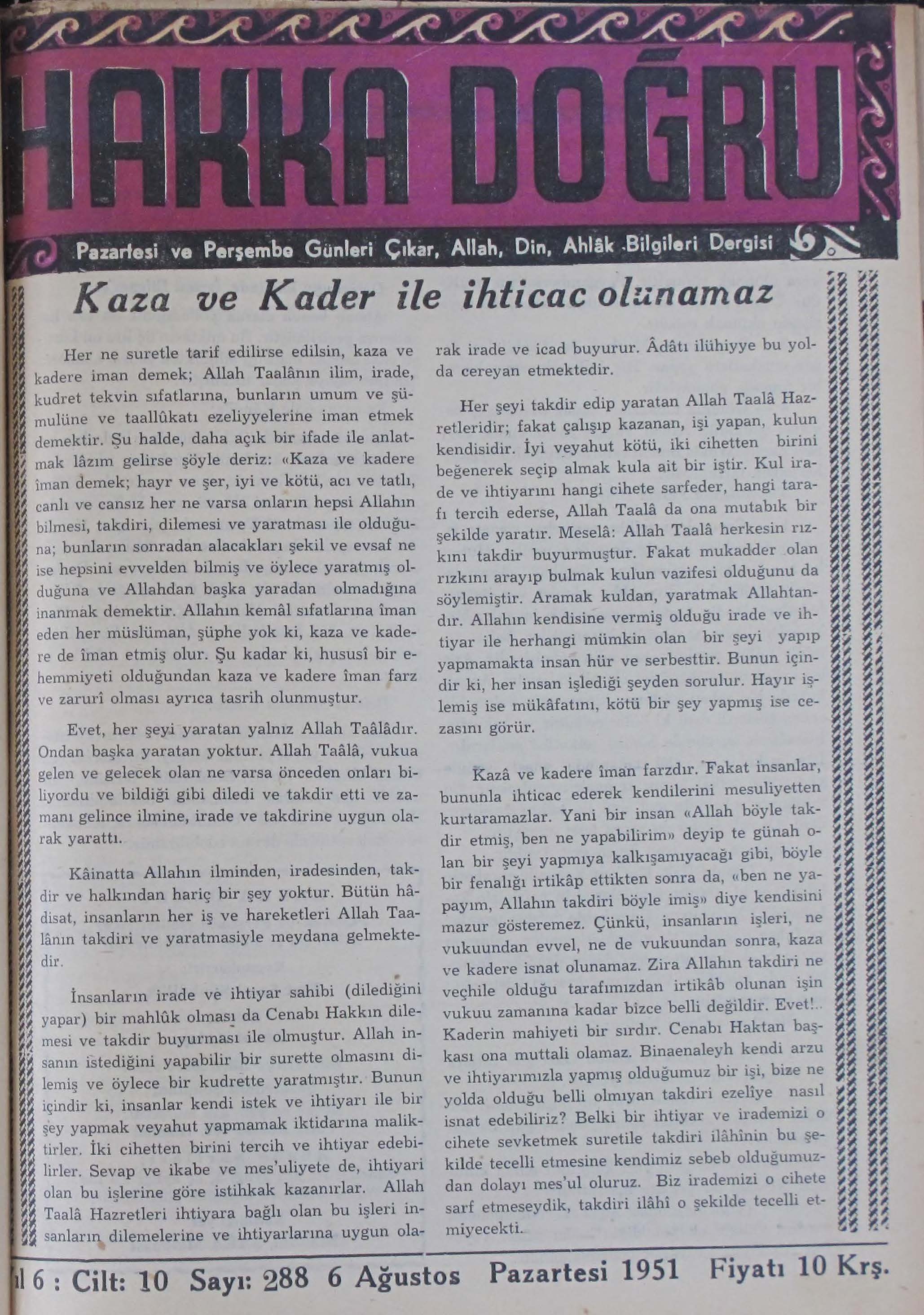 10. Cilt 288. Sayı Kapağı